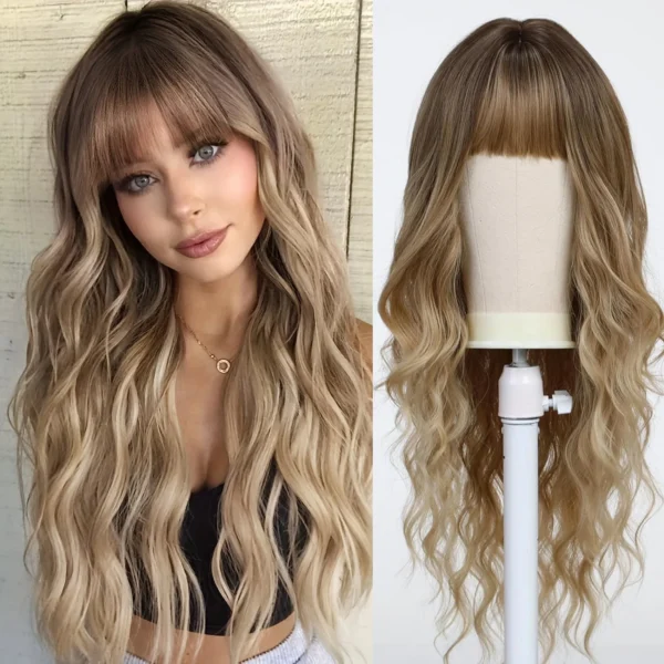 Ombre Brown Synthetic Long Wavy Wig with Fluffy Bangs for Women Natural Hair Brown Blonde Highlight Wigs for Daily Cosplay Use